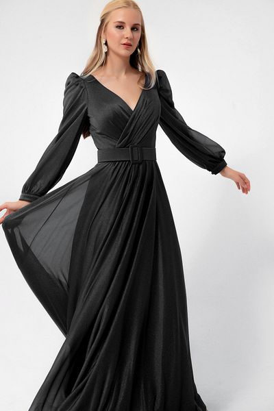 Lafaba Women's Black Double-Breasted Collar Silvery Long Flared Evening Dress
