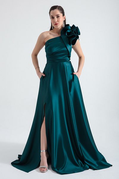 Lafaba Rochie de seară lungă de damă, verde smarald, cu un umăr