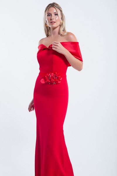 Lafaba Women's Red Long Bow Boat Neck Evening Dress