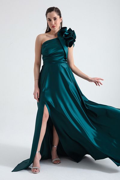 Lafaba Rochie de seară lungă de damă, verde smarald, cu un umăr