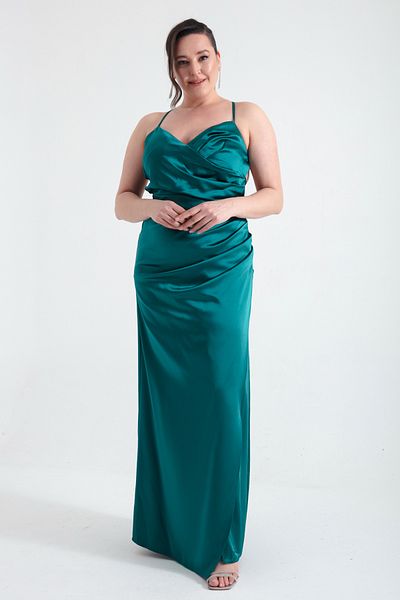 Lafaba Women's Emerald Green Back Low-cut Slit Long Plus Size Evening Dress