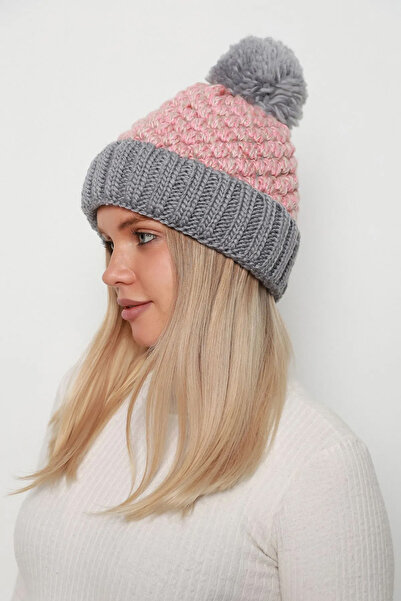 REMSA Women's Beret Rkş-21 Salmon - Knitted with Double Colored Pompom Detail and Fur