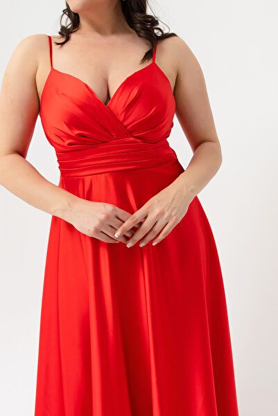 Lafaba Damska czerwona lina z paskiem Plus rozmiar satynowa długa suknia wieczorowa i sukienka na zakończenie roku