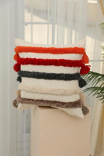Aisha's Design Bohemian Decorative Throw Pillow Cover with Colorful Punch Tassel Detail, K-384