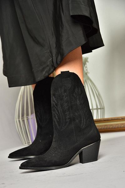 Fox Shoes Τ 267655002   Μαύρα σουέτ γυναικείες μπότες με χοντρό τακούνι
