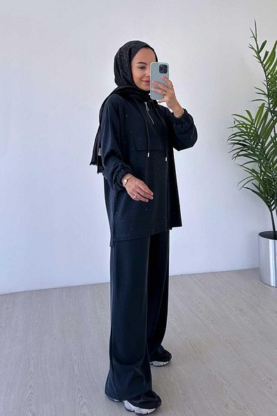 Ka Hijab طقم حجاب من قماش Oys باللون الفحمي مكون من قطعتين