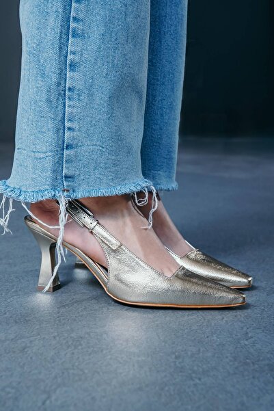 Lizzu Niola Gold Sultan - Pantofi cu toc joasă pentru femei cu spatele deschis