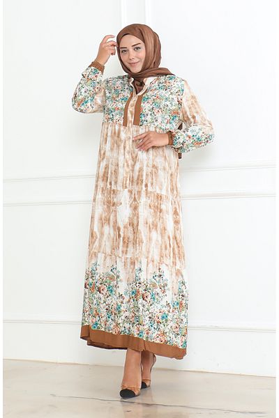sefamerve Φόρεμα με μπεζ μοτίβο βισκόζης Plus Size 5071-04