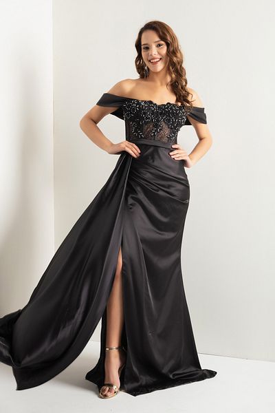 Lafaba Women's Black Boat Neck Underwire Corset Long Evening Dress