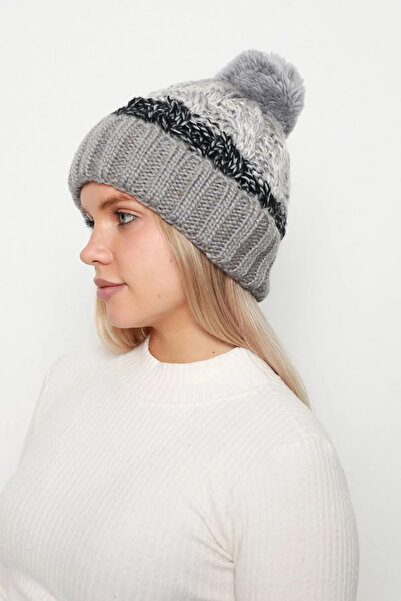 REMSA Gray Women's Beret - Pompom Detailed, Fur Inside, Rkş-21 Model