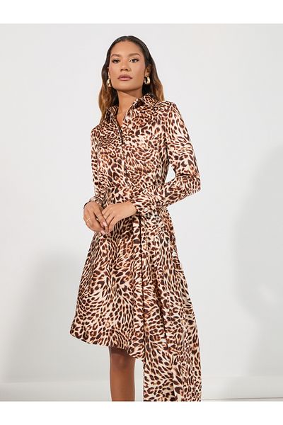 Styli Animal Print Asymmetric Hem Shirt Knee Length Dress