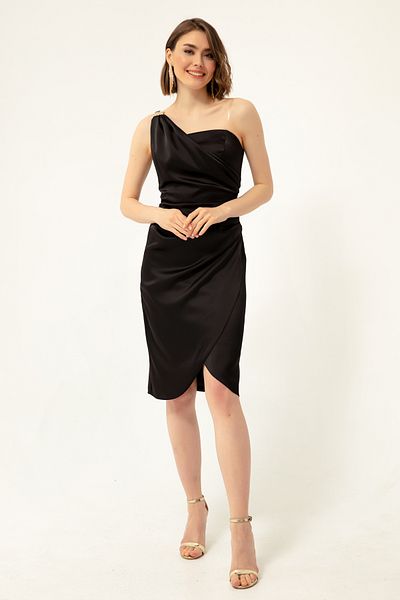 Lafaba Schwarzes One-Shoulder-Midi-Abendkleid aus Satin für Damen