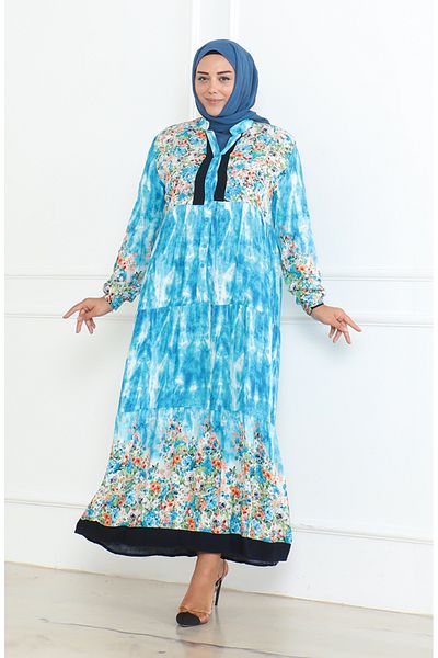 sefamerve Φόρεμα με τιρκουάζ μοτίβο βισκόζης Plus Size - 5071-03