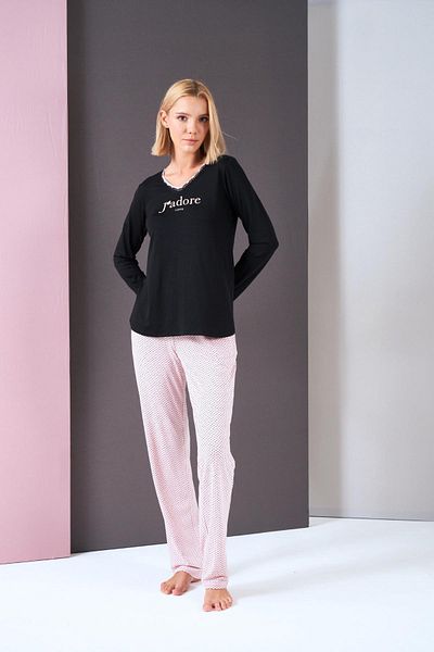 PJS Costum de pijama de damă cu decolteu în V cu buline cu mânecă lungă