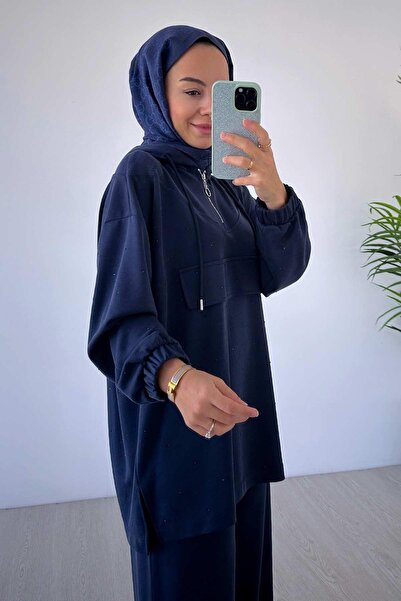 Ka Hijab Темно-синій 2-компонентний костюм Onu Taslı Oys Kumas Tesettur