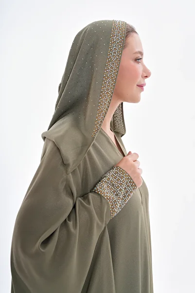GigiTex Khaki Green Butterfly Model Abaya Ferace - Hoodie and Stone Detail, Shimmer Fabric, Standard 38-44