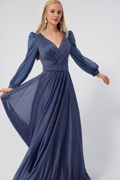 Lafaba Women's Navy Blue Double Breasted Collar Silvery Long Flared Evening Dress