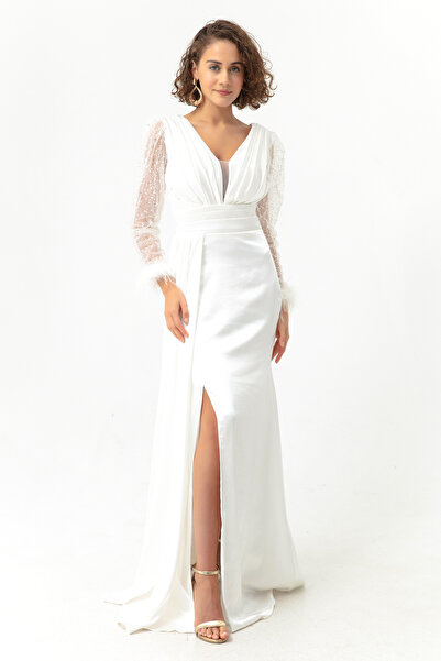 Lafaba Bílé dámské dlouhé večerní šaty s výstřihem do V a s kamennými rozparky