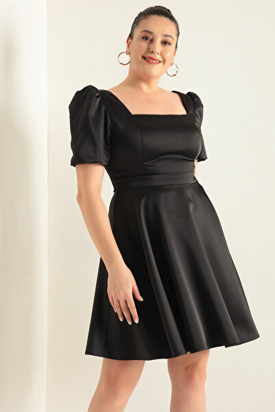 Lafaba Dámské černé saténové saténové šaty s balonovým rukávem s rozšířeným střihem