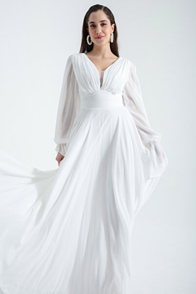 Lafaba Dámské bílé večerní šaty z dlouhého šifonu s výstřihem do V