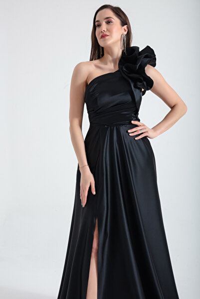 Lafaba Dámské černé dlouhé večerní šaty s volánem na jedno rameno