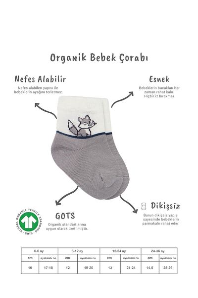 Bistyle Bistil Organic Seamless 3-Piece Fox Combed Cotton Socks Baby Socks 0-3 Months