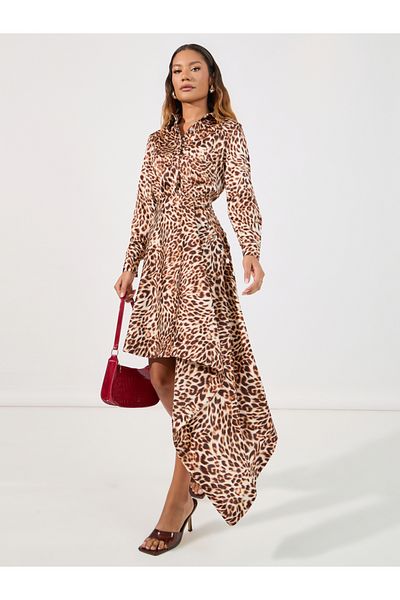 Styli Animal Print Asymmetric Hem Shirt Knee Length Dress
