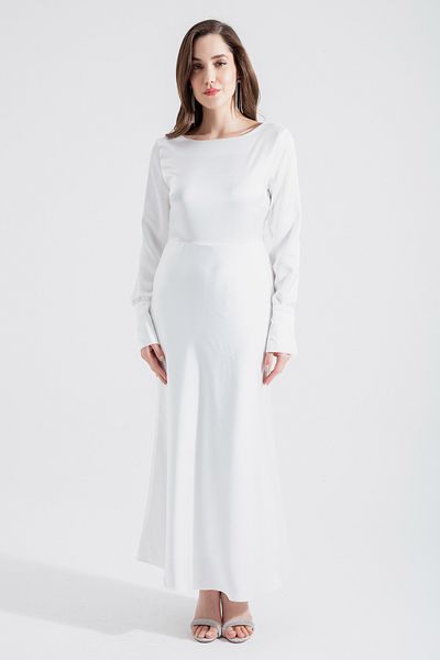 Lafaba Women's White Back Low-cut Midi Satin Evening Dress