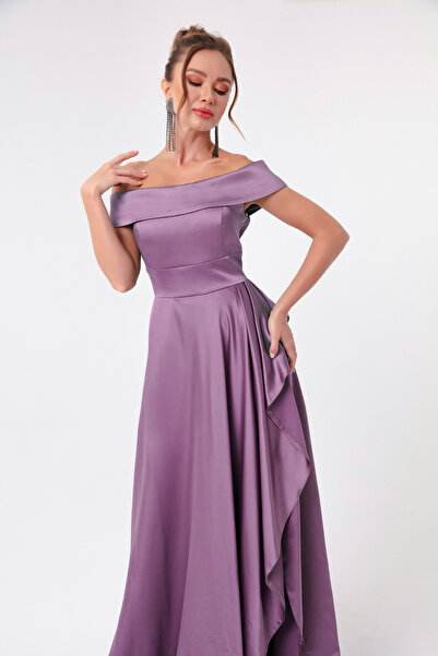 Lafaba Γυναικείο βραδινό φόρεμα με σατέν λαιμόκοψη λεβάντα και φόρεμα αποφοίτησης