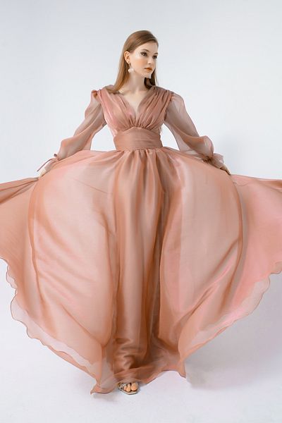 Lafaba Women's Salmon Balloon Sleeve V-Neck Long Evening Dress