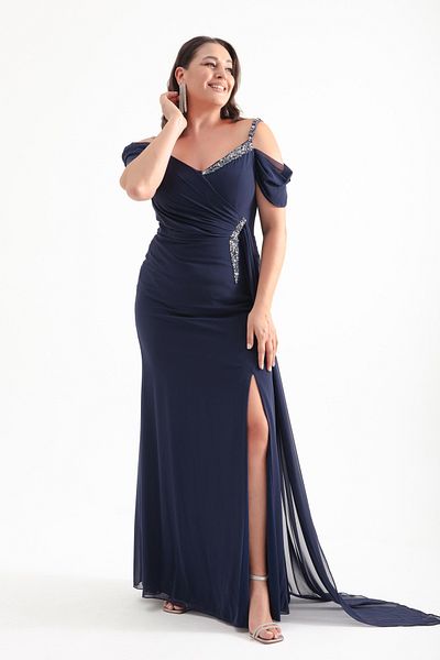 Lafaba Navy Blue Stone Detailed Large Size Strap Evening Dress