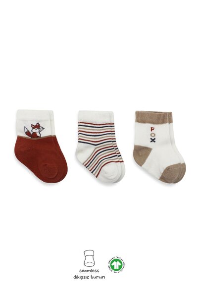 Bistyle Bistil Organik Dikişsiz 3lü Fox Penye Soket Bebek Çorap 0-3 Ay