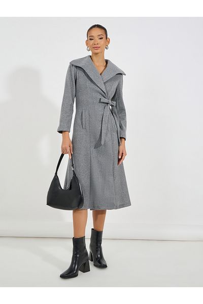 Styli Tie-Up Detail Flared Wool Like Blazer Midi Dress