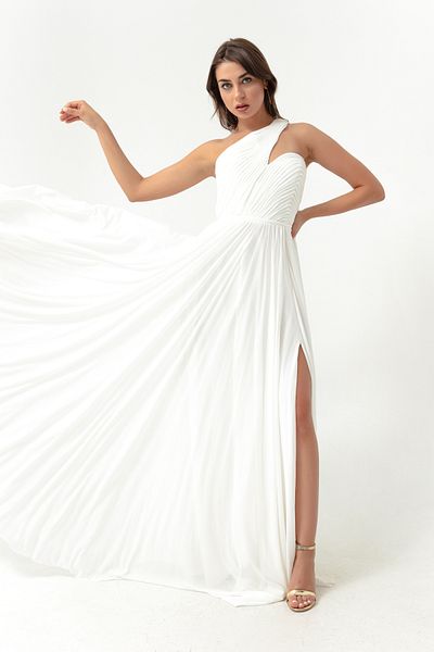 Lafaba Women's White One-Shoulder Slit Long Evening Dress