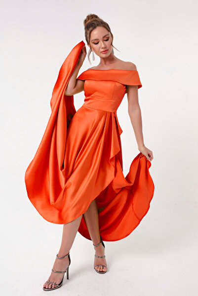 Lafaba Women's Orange Boat Neck Satin Evening Dress & Graduation Dress