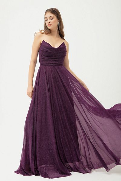 Lafaba Damen-Abendkleid mit pflaumenfarbener Brust, drapiertem Schlitz und ausgestelltem Glitzer