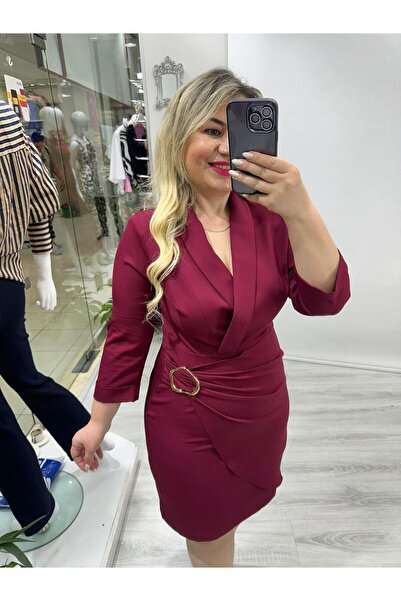 SBUTİK Bordo Şal Yaka Gold Toka Detaylı Elbise 5992