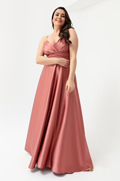 Lafaba Dámské dlouhé večerní saténové šaty s provazovým popruhem z lososa a maturitní šaty