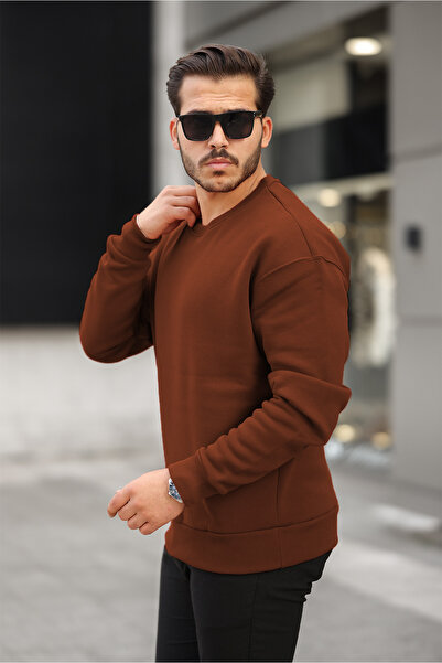 MAXIMILLIAN Мъжки суичър с кръгло деколте Regular Fit Basic КАФЯВ