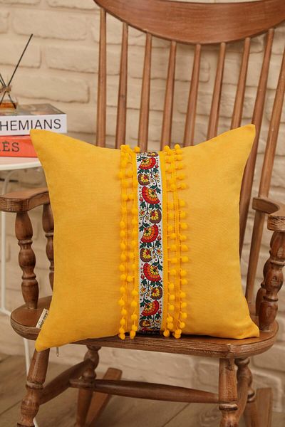 Aisha's Design Decorative Throw Pillow Cover with Flower Motif and Pompom Detail, K-398