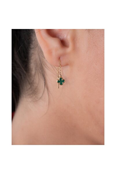 YCL JEWELLERY Yeşil Sedef Taşlı Sallantılı Altın Küpe