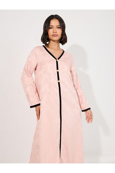 Styli Jacquard Jalabiya with Velvet Trim & Button Detail