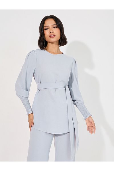 Styli Solid Cuff Sleeves Longline Top & Wide Leg Pants Modest Set