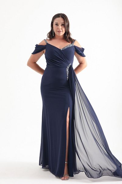Lafaba Navy Blue Stone Detailed Large Size Strap Evening Dress