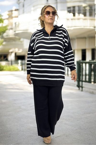 yagmurberen Front Half Zippered Striped Patterned 100% Acrylic Fabric Large Size Bottom Top Set