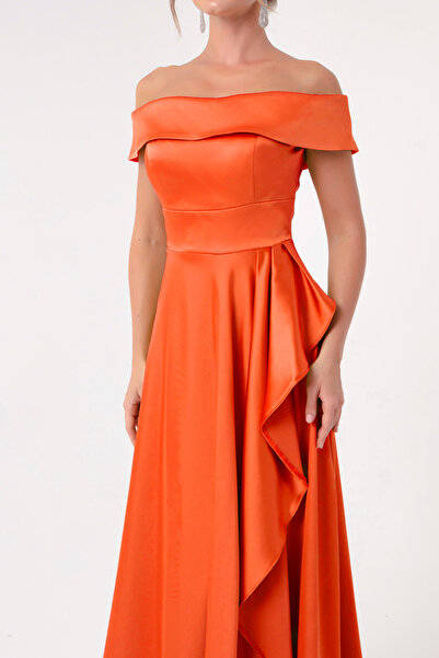 Lafaba Women's Orange Boat Neck Satin Evening Dress & Graduation Dress