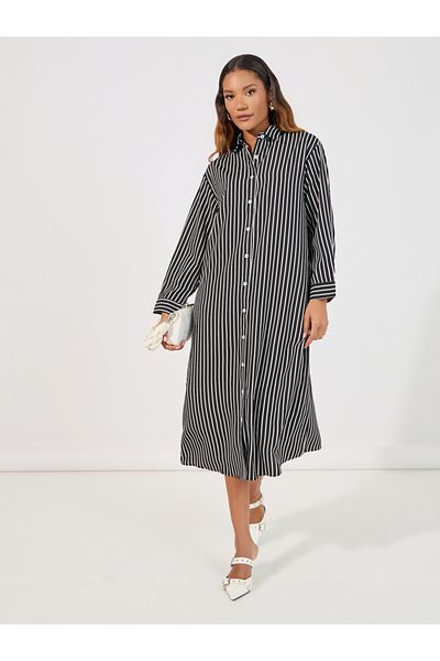 Styli Striped Shirt Midi Dress with Button Placket