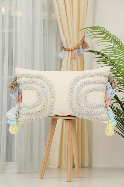 Aisha's Design Handmade Knitted and Tassel Detailed Bohemian Decorative Throw Pillow Cover, K-389