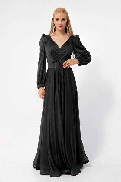 Lafaba Γυναικείο βραδινό φόρεμα μαύρο με διπλό γιακά ασημί μακριά