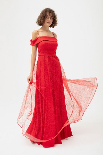 Lafaba Rotes, silbernes langes Abendkleid mit U-Boot-Ausschnitt für Damen
